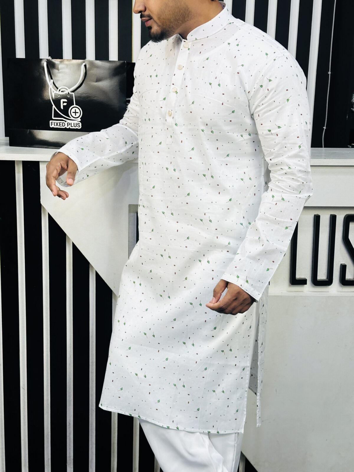 Cotton Printed Punjabi (Green Print) 001306 - Image 2